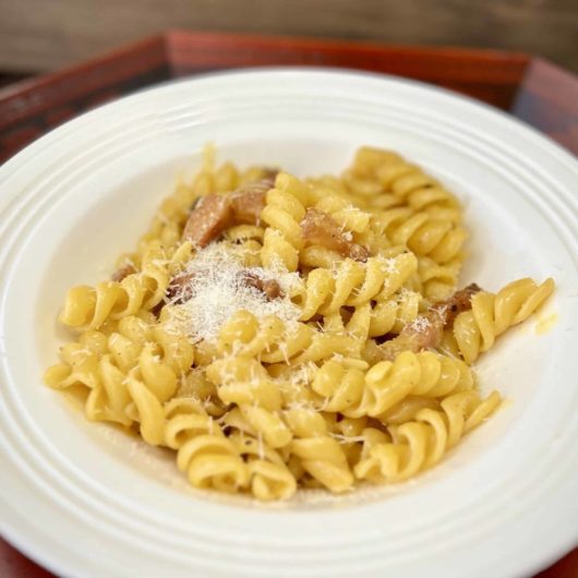 Plated pasta carbonara