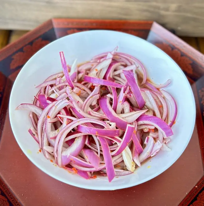 Pickled red onions with habanero peppers