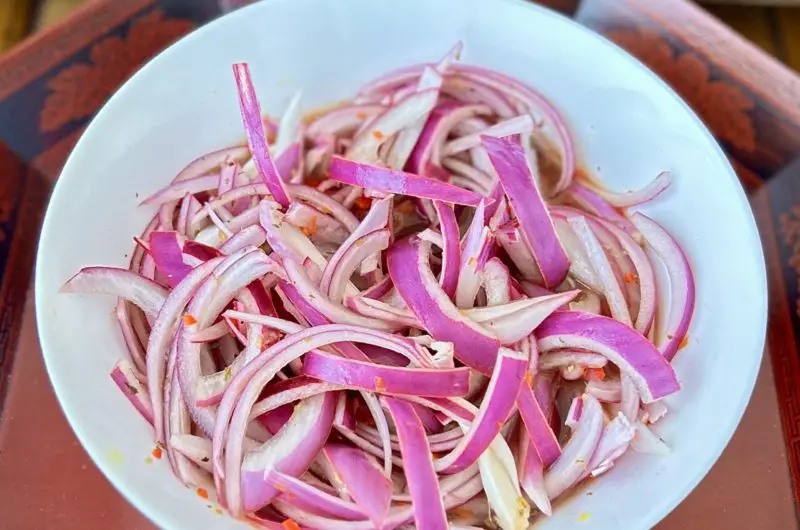 Pickled red onions with habanero peppers