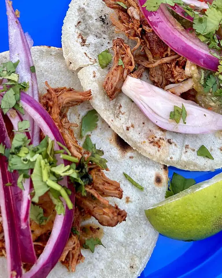 Cochinita pibil tacos with pickled red onions, and sprinkled with cilantro